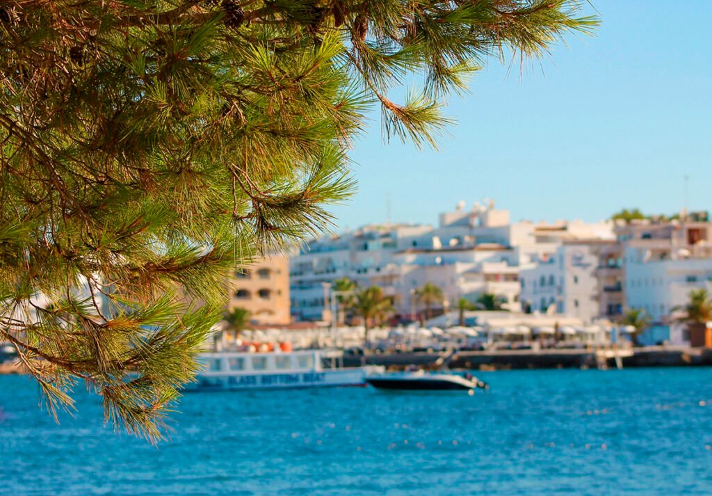 Ibiza Villas 2000 - View of Es Caná village from the water, with boats and pine trees in the foreground